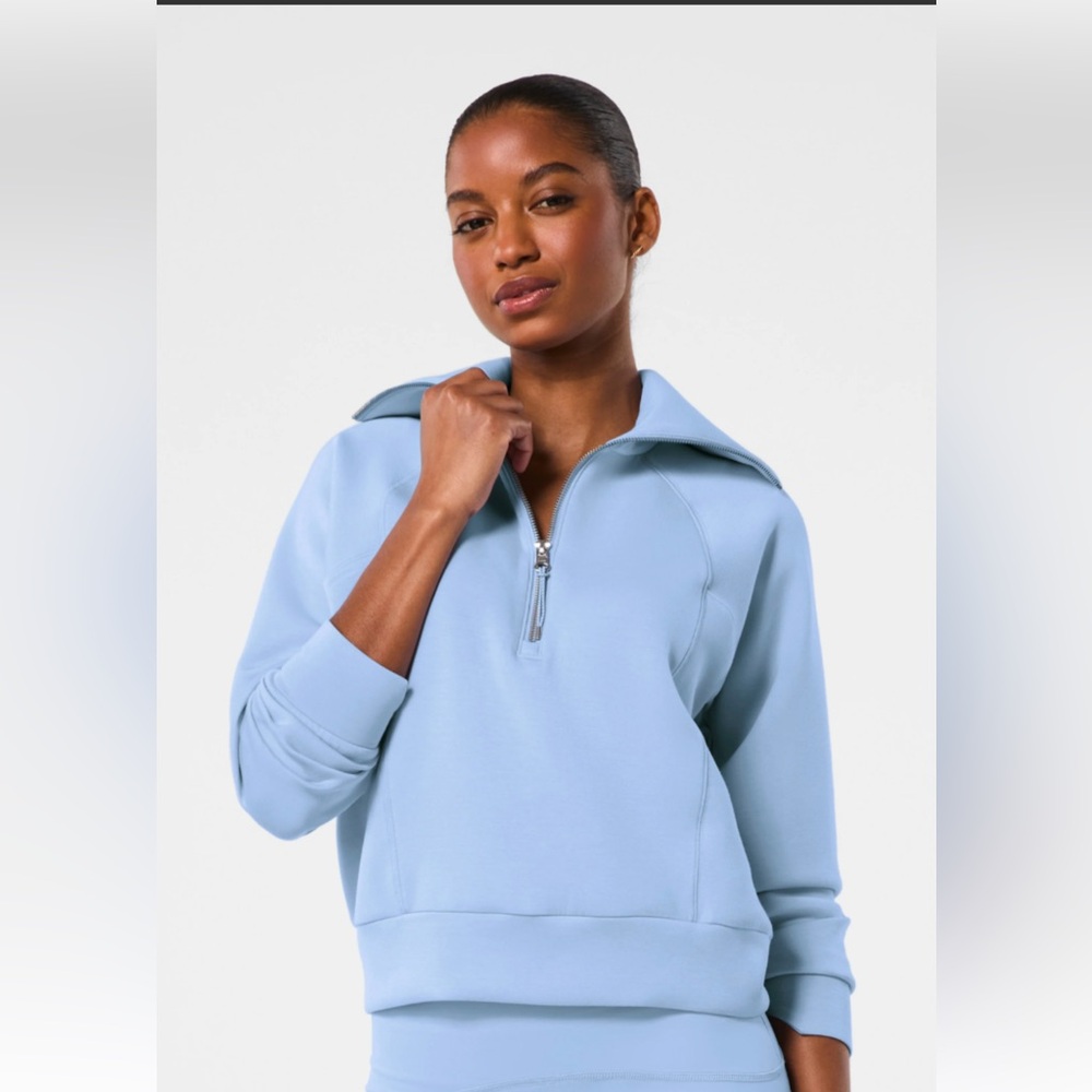 SPANX Light Blue Quarter-Zip Hooded Sweatshirt